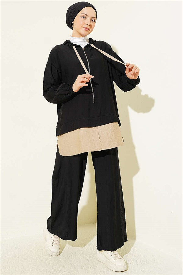Hooded 2 Piece Set with Trim Details, Black