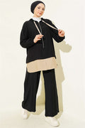 Hooded 2 Piece Set with Trim Details, Black