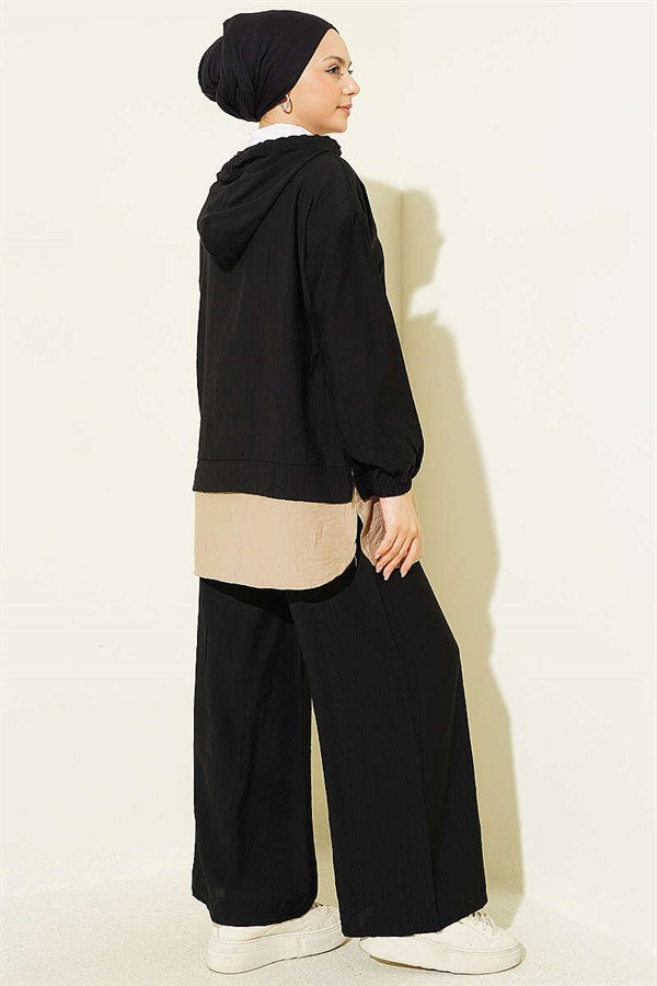 Hooded 2 Piece Set with Trim Details, Black