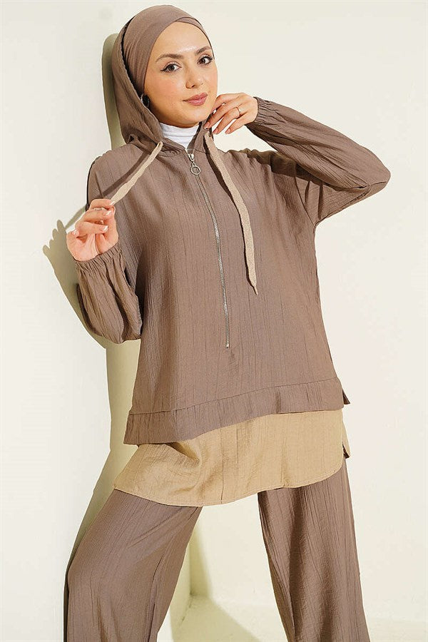 Hooded 2 Piece Set with Trim Details, Mink Color