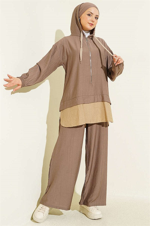 Hooded 2 Piece Set with Trim Details, Mink Color