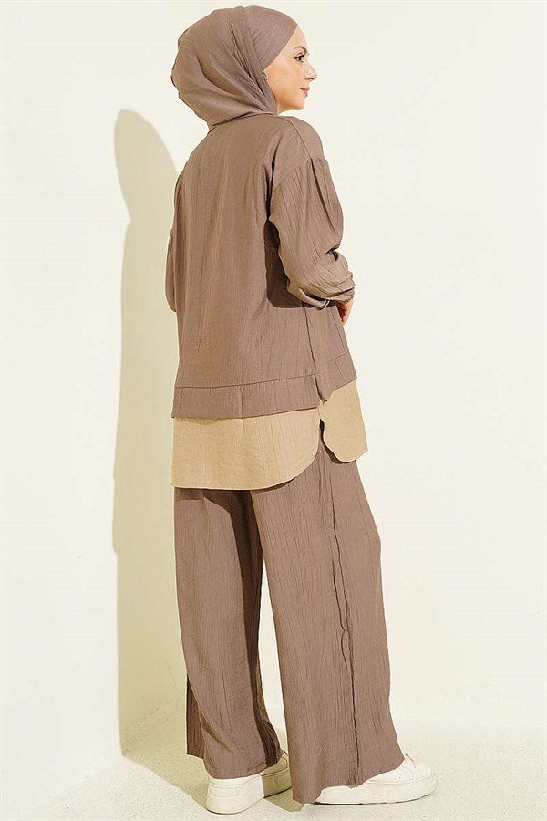 Hooded 2 Piece Set with Trim Details, Mink Color