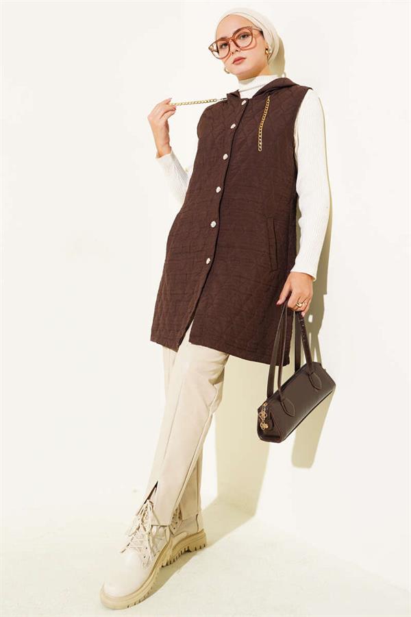 Hooded Quilted Short Vest Brown