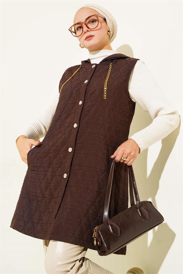 Hooded Quilted Short Vest Brown