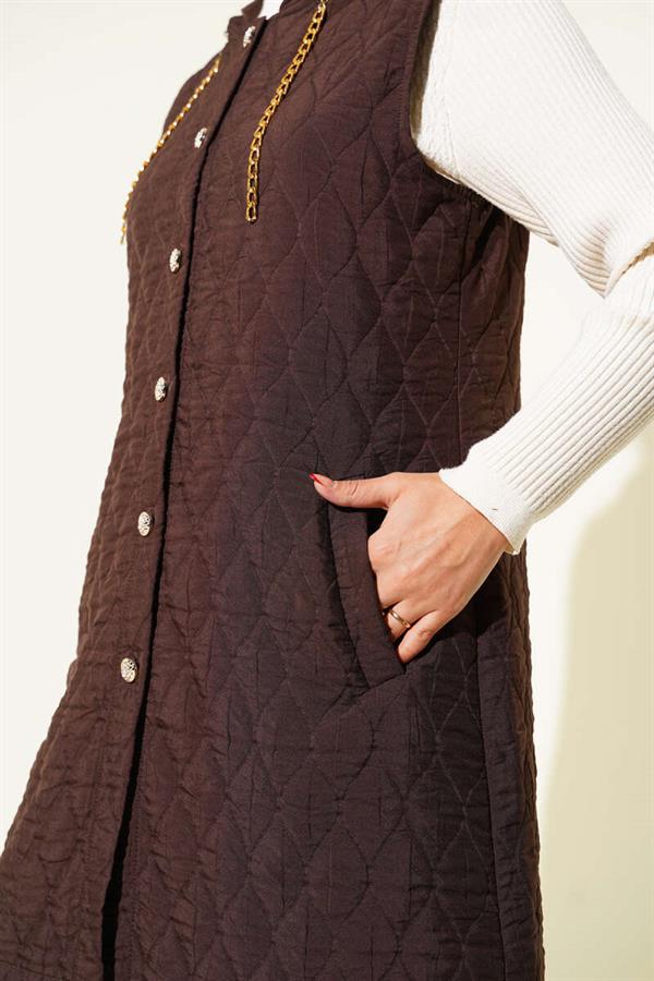 Hooded Quilted Short Vest Brown