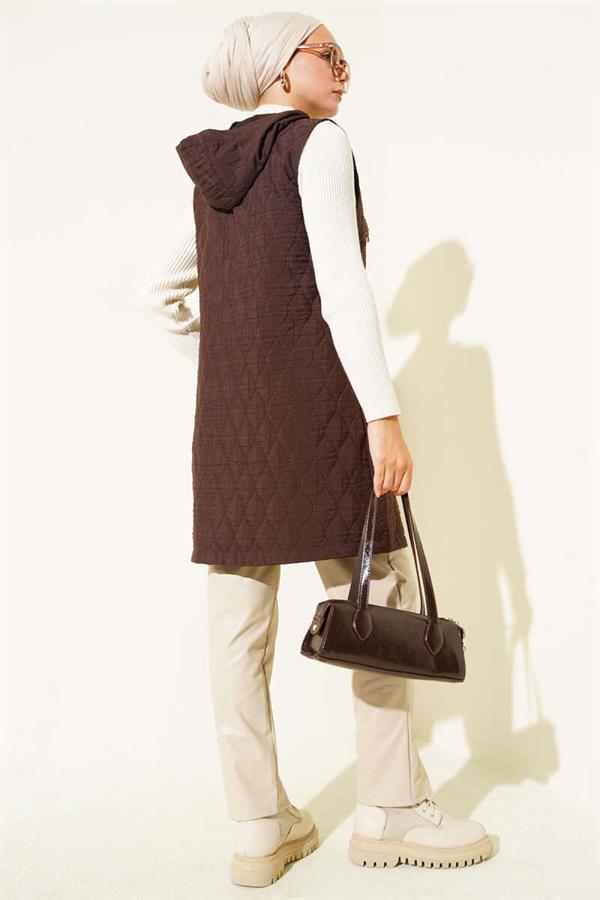 Hooded Quilted Short Vest Brown