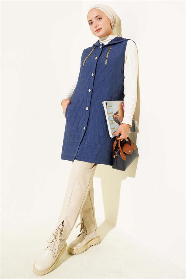 Hooded Quilted Short Vest Navy Blue