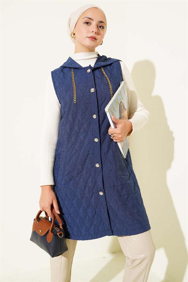 Hooded Quilted Short Vest Navy Blue