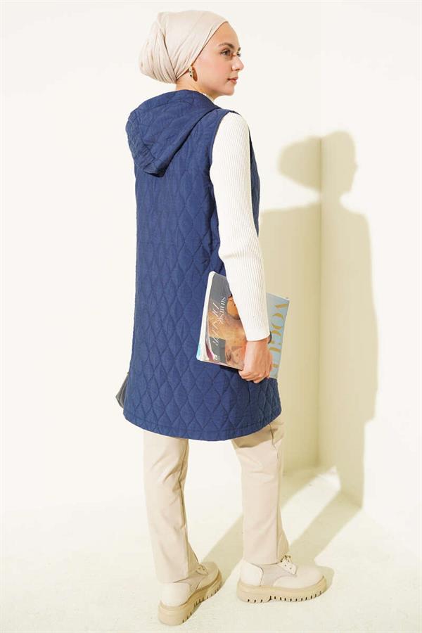 Hooded Quilted Short Vest Navy Blue