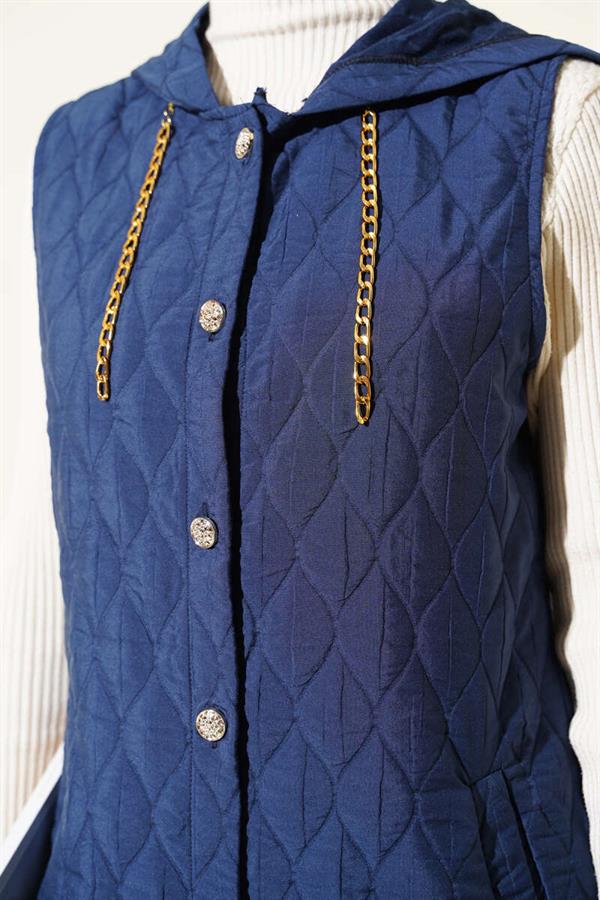 Hooded Quilted Short Vest Navy Blue
