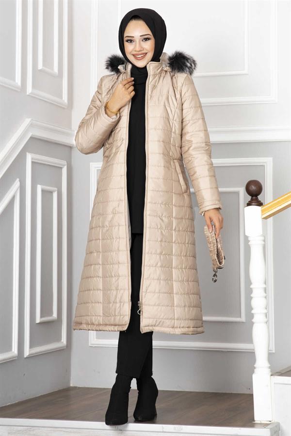 Hooded Quilted Hijab Coat Cream