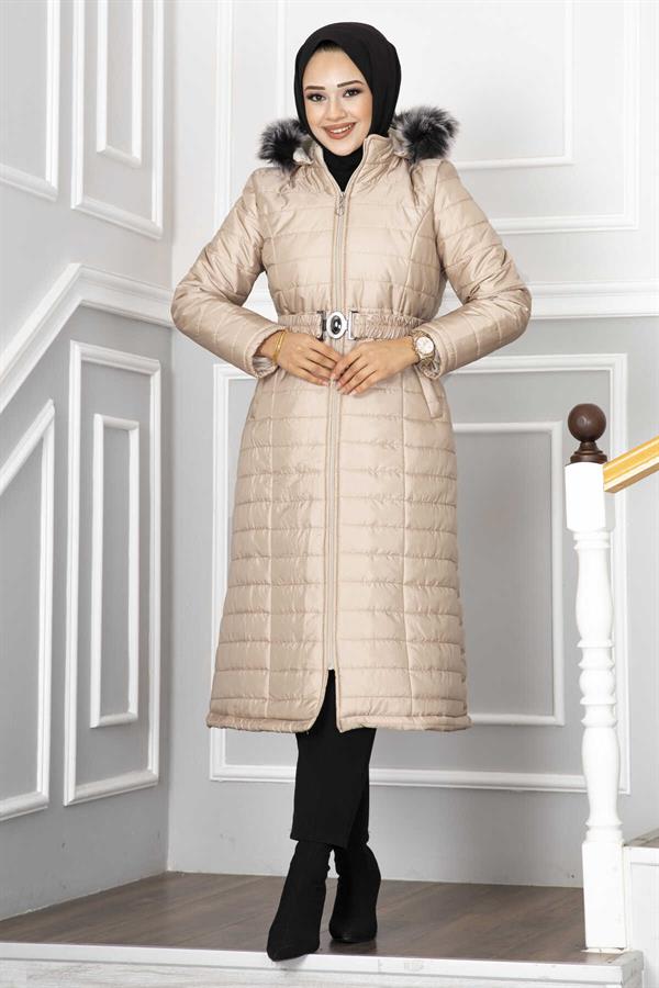 Hooded Quilted Hijab Coat Cream