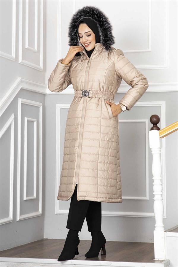 Hooded Quilted Hijab Coat Cream