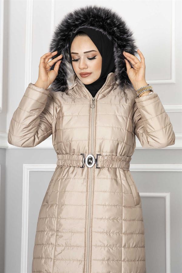Hooded Quilted Hijab Coat Cream