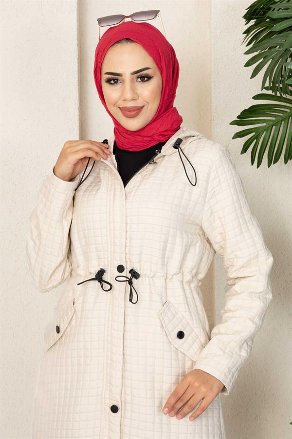 Hooded Quilted Hijab Trench Coat Ecru