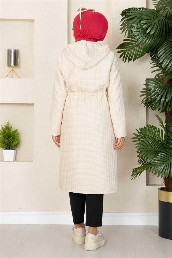 Hooded Quilted Hijab Trench Coat Ecru