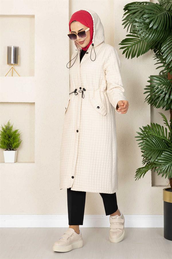 Hooded Quilted Hijab Trench Coat Ecru