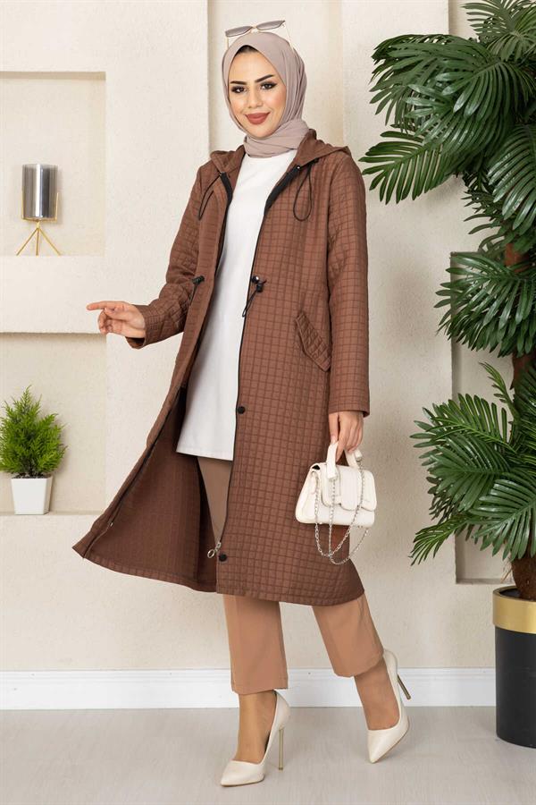 Hooded Quilted Hijab Trench Coat Brown