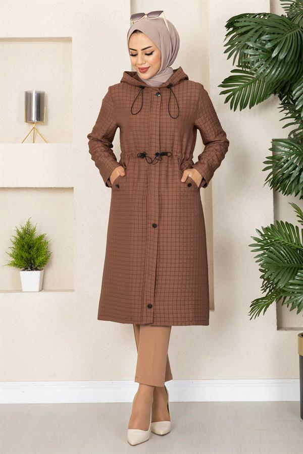 Hooded Quilted Hijab Trench Coat Brown