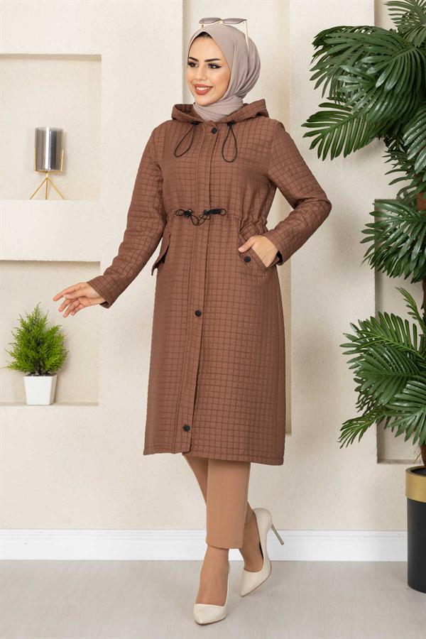 Hooded Quilted Hijab Trench Coat Brown