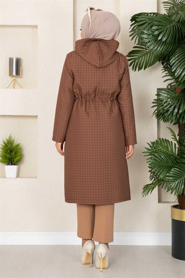 Hooded Quilted Hijab Trench Coat Brown