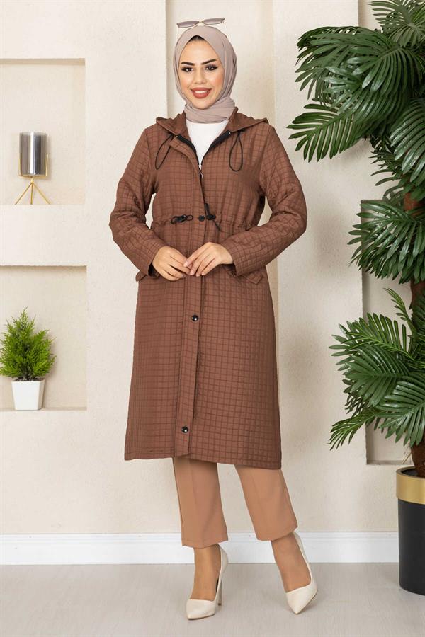 Hooded Quilted Hijab Trench Coat Brown