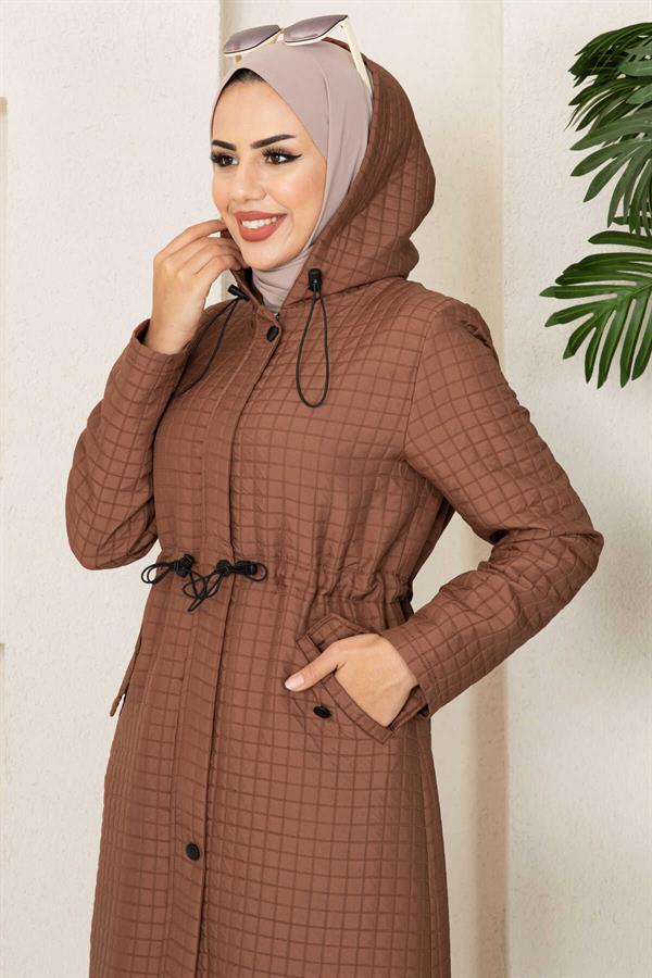 Hooded Quilted Hijab Trench Coat Brown