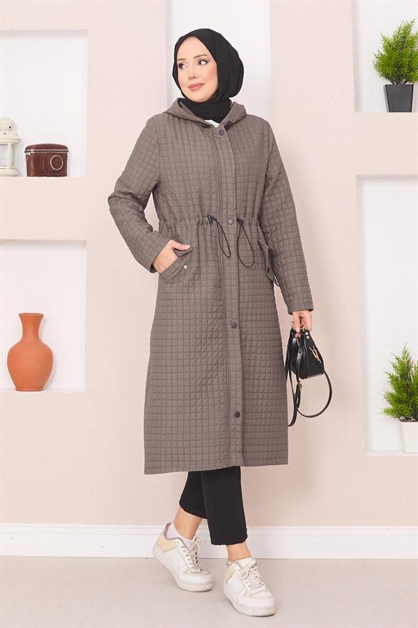 Hooded Quilted Hijab Trench Coat Dark Mink