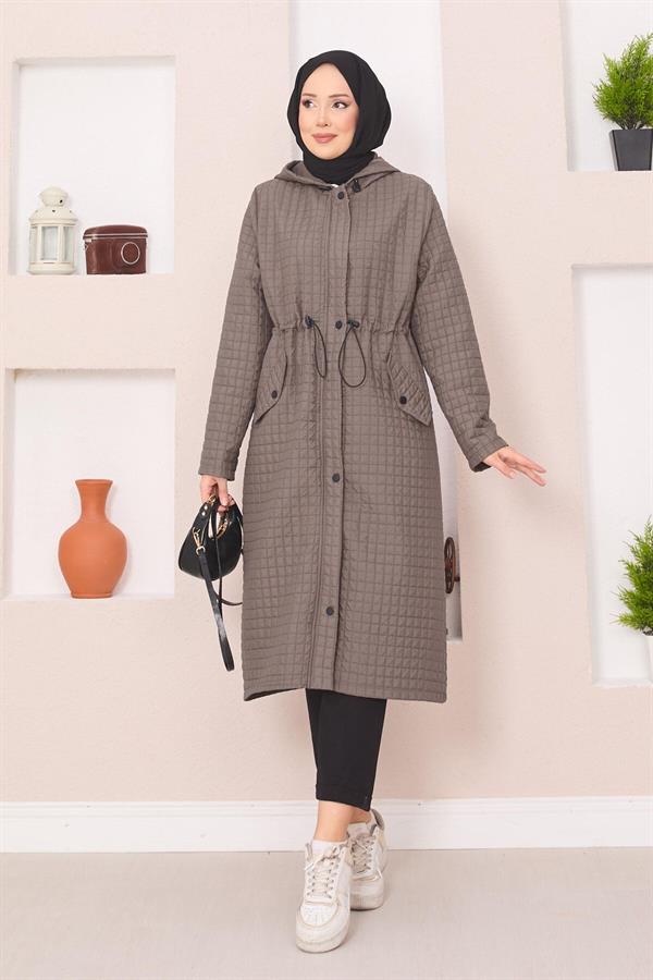 Hooded Quilted Hijab Trench Coat Dark Mink