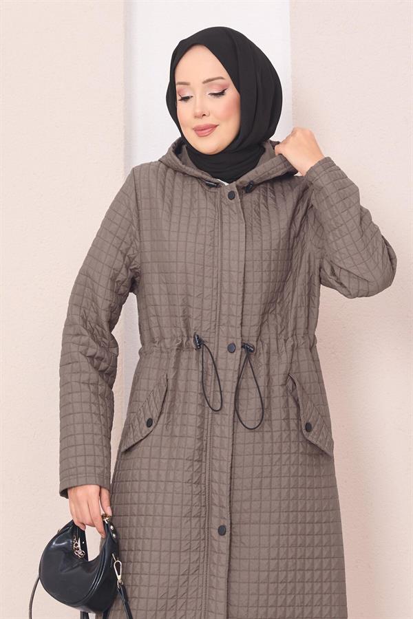 Hooded Quilted Hijab Trench Coat Dark Mink