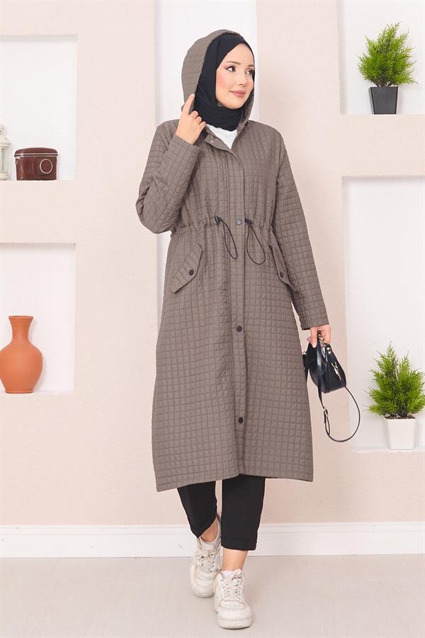 Hooded Quilted Hijab Trench Coat Dark Mink