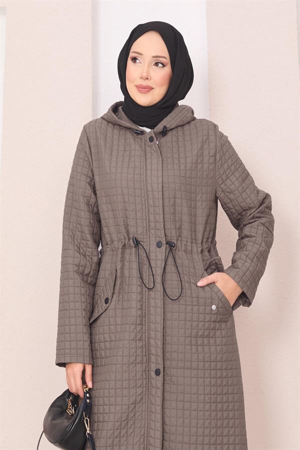 Hooded Quilted Hijab Trench Coat Dark Mink