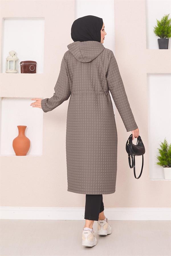 Hooded Quilted Hijab Trench Coat Dark Mink