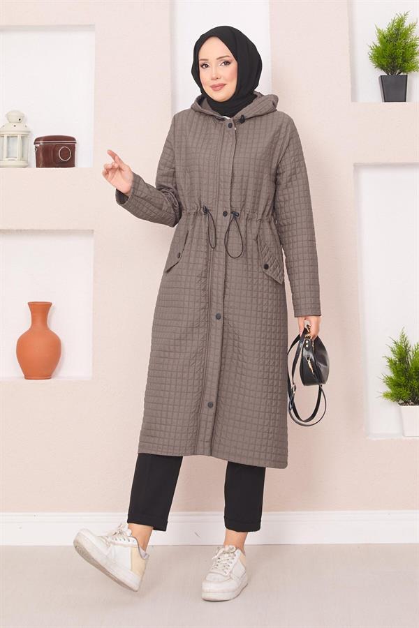 Hooded Quilted Hijab Trench Coat Dark Mink