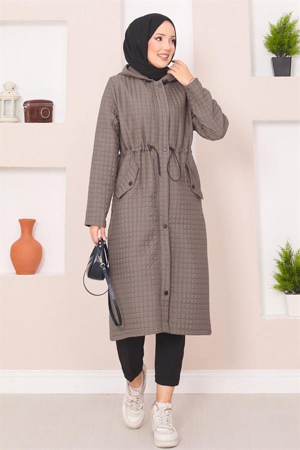 Hooded Quilted Hijab Trench Coat Dark Mink