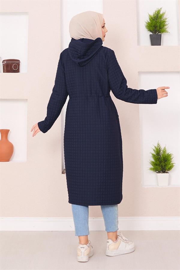 Hooded Quilted Hijab Trench Coat Navy Blue