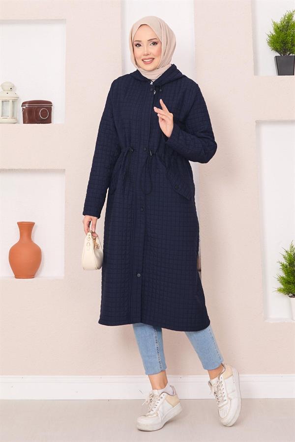 Hooded Quilted Hijab Trench Coat Navy Blue