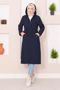 Hooded Quilted Hijab Trench Coat Navy Blue