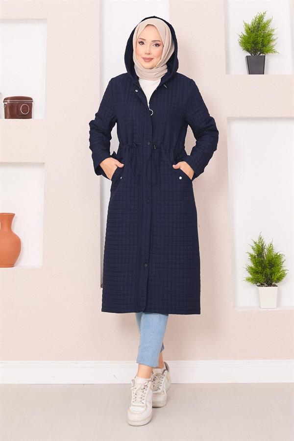 Hooded Quilted Hijab Trench Coat Navy Blue