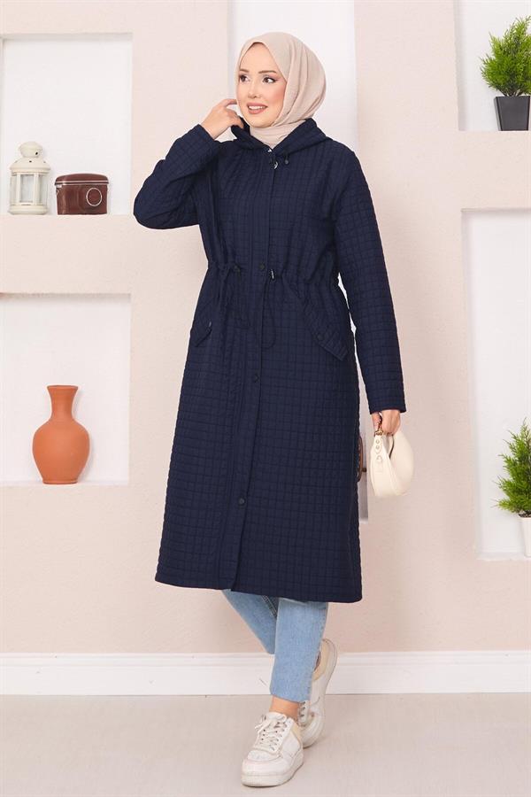 Hooded Quilted Hijab Trench Coat Navy Blue