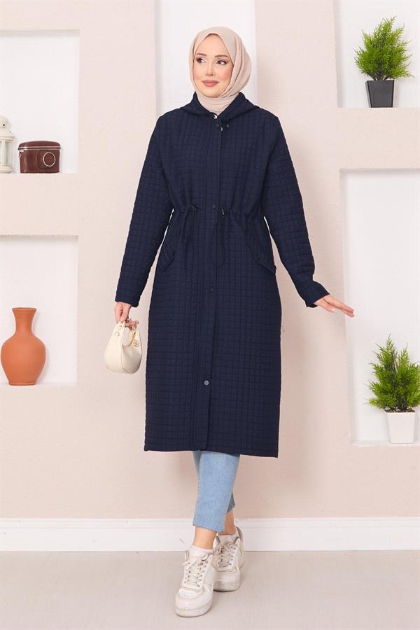 Hooded Quilted Hijab Trench Coat Navy Blue