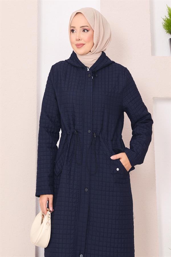 Hooded Quilted Hijab Trench Coat Navy Blue