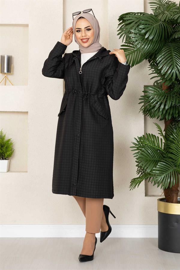 Hooded Quilted Hijab Trench Coat Black