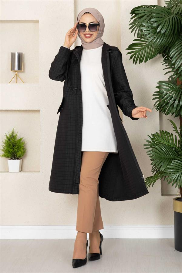 Hooded Quilted Hijab Trench Coat Black