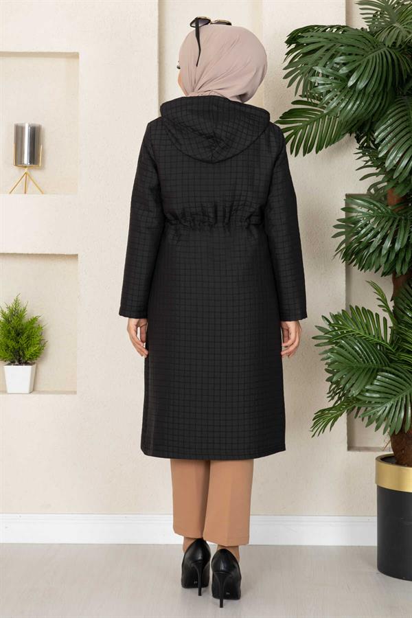 Hooded Quilted Hijab Trench Coat Black
