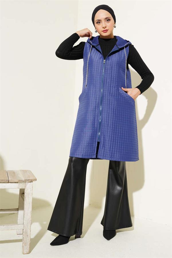 Hooded Quilted Vest Navy Blue