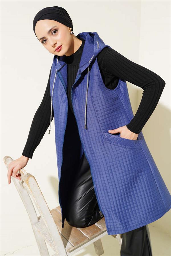 Hooded Quilted Vest Navy Blue
