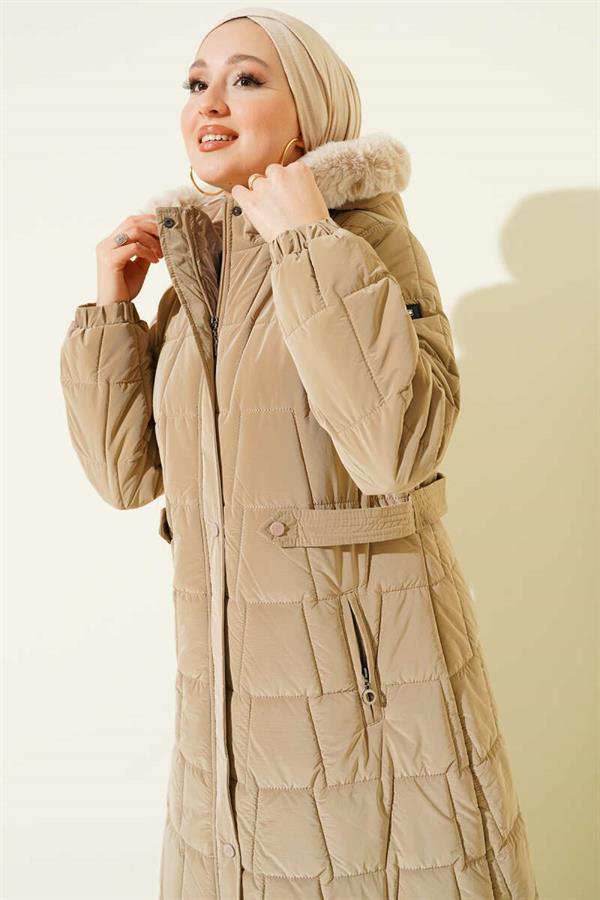 Hooded Square Quilted Long Coat Beige