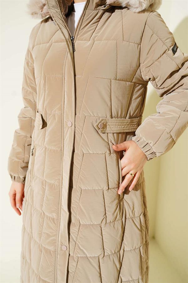 Hooded Square Quilted Long Coat Beige