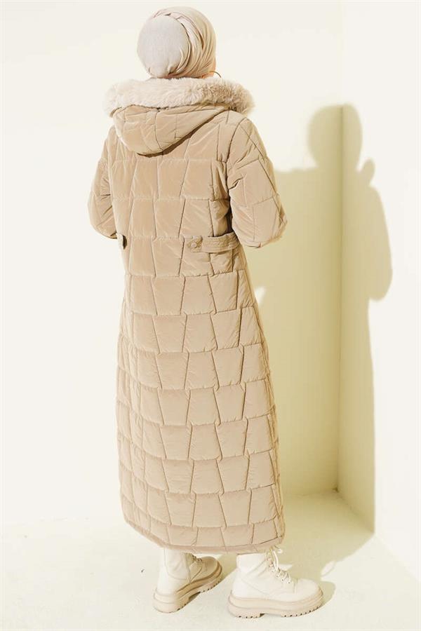 Hooded Square Quilted Long Coat Beige